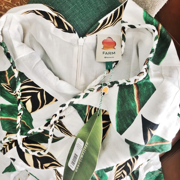 FARM RIO Amazonia Button Front Cami Dress White Linen Leaf Midi NWT Size L - Picture 3 of 4